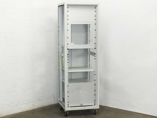 Nimbus NSD360-3 38U 19in rackmount cabinet open front view showing three adjustable perforated shelves on locking casters