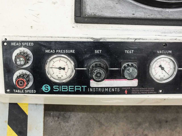 Sibert MBF-150 front control panel – Head Speed, Table Speed, Head Pressure gauge, Set, Test, and Vacuum gauge controls with Sibert Instruments branding
