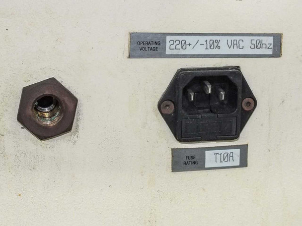 Sibert MBF-150 rear power inlet – IEC power connector, operating voltage label 220+/-10% VAC 50Hz, and T10A fuse rating label