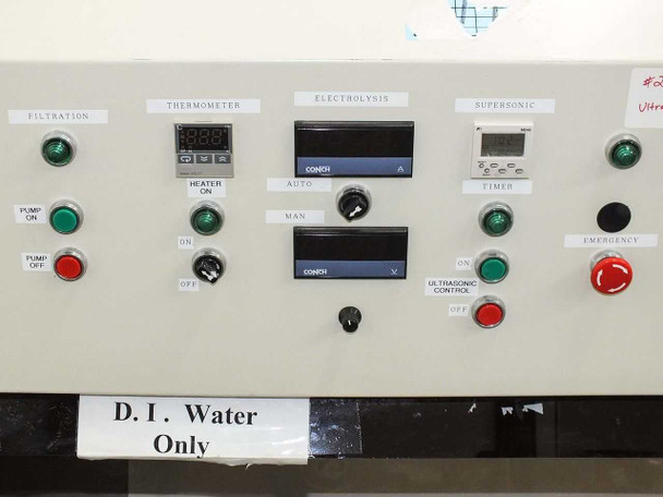 Left-zone control panel detail showing filtration, thermometer, electrolysis, and supersonic/ultrasonic controls with Conch panel meters and 'D.I. Water Only' label
