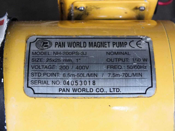 Pan World Magnet Pump model plate: Model NH-200PS-3J, 25x25mm 1", 200/400V, 50/60Hz, Output 150W, S/N 04053018