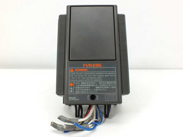 Fuji Electric FVR-E9S — front panel view with FVR-E9S model label and warning decal, wiring leads visible below