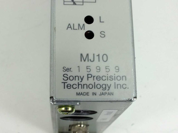 Sony MJ10 label closeup showing model number MJ10, serial number 15959, Sony Precision Technology Inc., Made in Japan, and ALM indicator LEDs