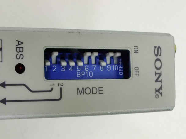 Sony MJ10 front panel closeup showing BP10 10-position MODE DIP switch array with ON/OFF settings and ABS indicator