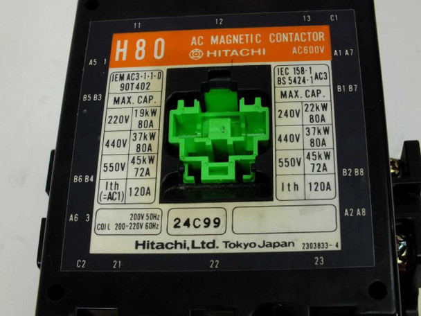 Hitachi H80 contactor nameplate label closeup showing AC600V rating, 80A max capacity, coil 200-220V, IEC 158-1 BS5424-1 standards, and coil code 24C99