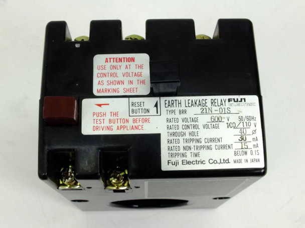 Fuji Electric BRR21N-01S Earth Leakage Relay – front label view showing full specifications: 600V rated voltage, 100/110V control voltage, 30mA trip current, 15mA non-tripping current, below 0.1s tripping time, reset button, and test button