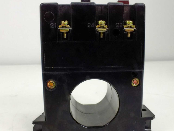 Fuji Electric BRR21N-01S Earth Leakage Relay – close-up of top terminal block showing screw terminals 21, 24, and 22 with through-hole aperture below