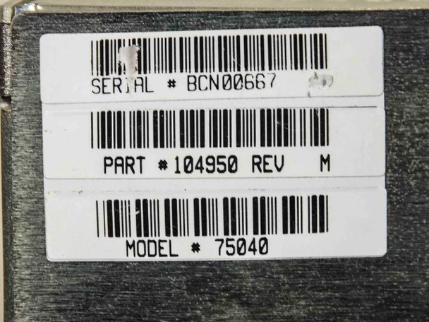 Wellfleet 75040 BCN label showing Serial BCN00667, Part 104950 Rev M, Model 75040