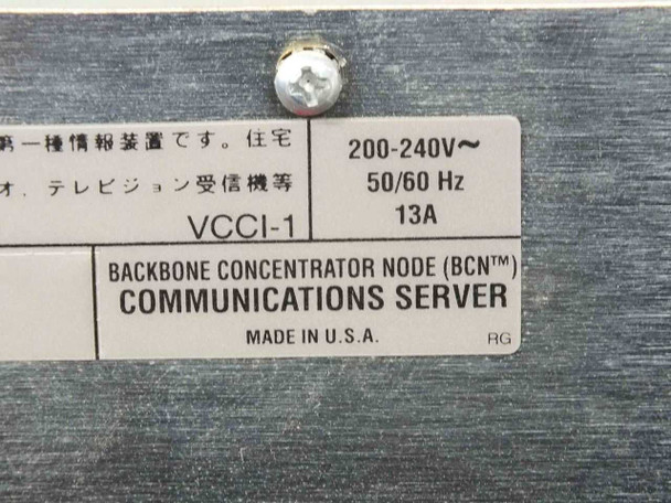 Wellfleet 75040 BCN rating plate showing 200-240V, 50/60Hz, 13A, VCCI-1 and Backbone Concentrator Node Communications Server Made in USA