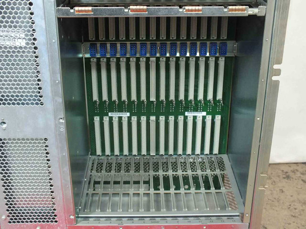 Wellfleet 75040 BCN interior card cage – close-up showing green backplane with multiple card slots and blue edge connectors