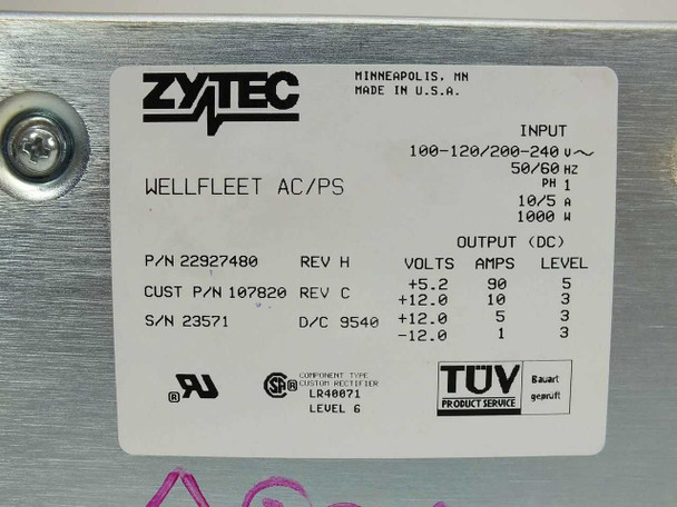 Zytec Wellfleet AC/PS power supply label – P/N 22927480 Rev H, Cust P/N 107020 Rev C, S/N 23571, D/C 9540, outputs: +5.2V/90A, +12V/10A, +12V/5A, -12V/1A, TUV certified