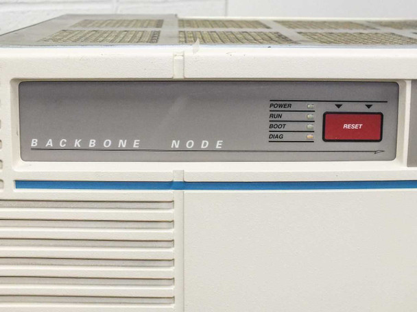 Wellfleet 75040 BCN front panel angled view – BACKBONE NODE label, POWER/RUN/BOOT/DIAG LEDs and RESET button visible