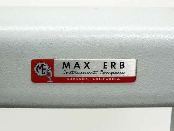 Max Erb Instrument Company name plate on H-Stand gantry frame — Burbank, California