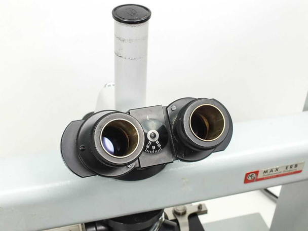 Carl Zeiss trinocular head close-up showing two 23mm eyepiece tubes (no eyepieces installed) and camera port tube above, with interpupillary adjustment wheel