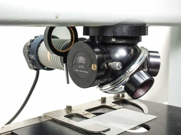 Carl Zeiss H-Pi nosepiece and condenser body close-up — Made in West Germany label visible, illuminator fiber/light guide attached at left