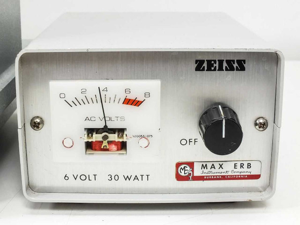 Carl Zeiss Zeiss 910112 light source front panel — analog AC Volts meter, 6 Volt 30 Watt rating label, rotary intensity/off knob, Max Erb Instrument Company label