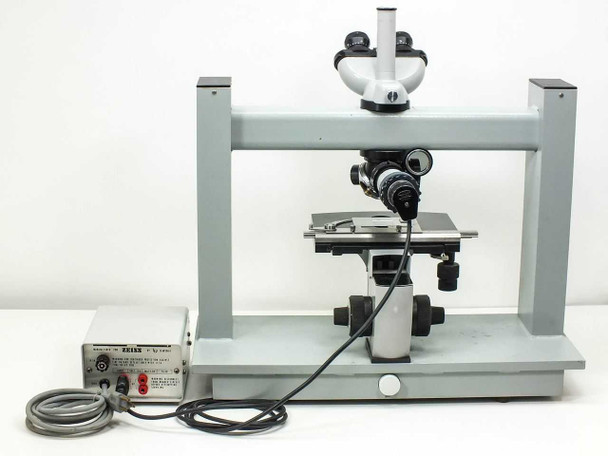 Carl Zeiss H-Pi / Max Erb H-Stand full system angled right-side view — microscope connected to light source via cable, trinocular head at top