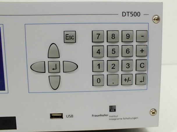 Fraunhofer IIS DT500 – close-up of front panel right side showing numeric keypad, navigation keys, Esc button, USB port, and Fraunhofer IIS logo