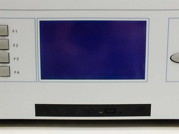 Fraunhofer IIS DT500 – close-up of front-panel LCD display (blue screen) and optical drive bay below