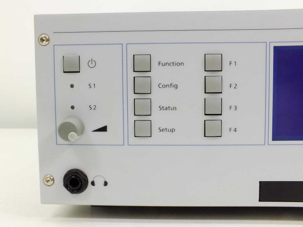Fraunhofer IIS DT500 – close-up of front panel left section showing power button, S1/S2 status indicators, volume knob, headphone jack, and Function/Config/Status/Setup function keys