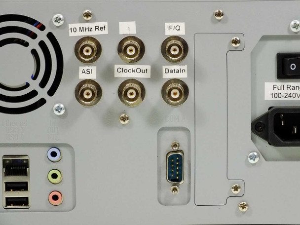 Fraunhofer IIS DT500 – close-up of rear BNC connector panel showing 10 MHz Ref, I, IF/IQ, ASI, ClockOut, DataIn labels, plus DB9 serial and power supply label