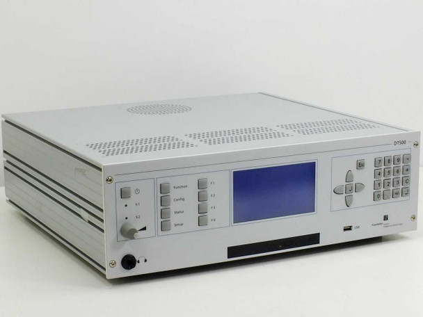 Fraunhofer IIS DT500 Digital Media Satellite Equipment – front three-quarter view showing silver chassis, LCD display, keypad, and front panel controls
