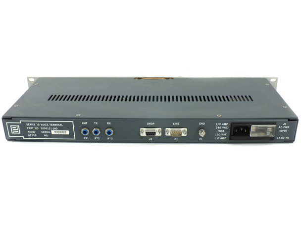 PADS Development Labs 2000121-100 Series 10 Voice Terminal rear panel label showing part number, FSCM 67359, and power ratings 120VAC 1.0A and 240VAC 0.5A at 47-63Hz