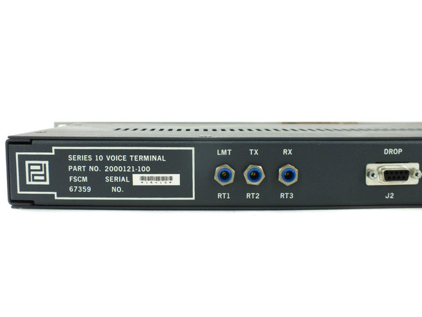 PADS Series 10 Voice Terminal rear panel label close-up showing part number 2000121-100, FSCM 67359, and BNC port designations LMT TX RX RT1 RT2 RT3 with DROP J2 connector