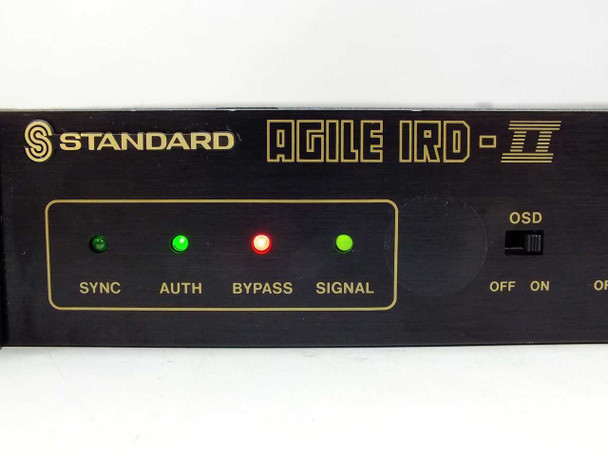 Standard MT650 Agile IRD-2 front panel close-up showing SYNC, AUTH, BYPASS, SIGNAL LED indicators and OSD switch