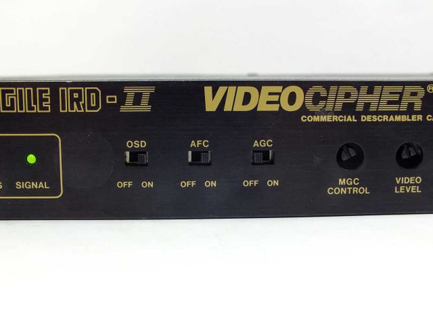 Standard MT650 Agile IRD-2 Videocipher II Plus front panel close-up showing OSD, AFC, AGC switches and MGC Control, Video Level knobs
