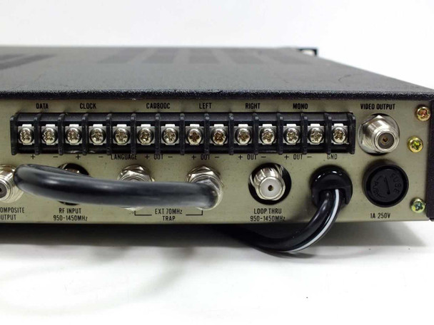 Standard MT650 Agile IRD-2 rear panel showing terminal block outputs (DATA, CLOCK, CADBGDC, LEFT, RIGHT, MONO), RF input 950–1450MHz, EXT 70MHz TRAP, LOOP THRU, composite output, video BNC, and 1A 250V power entry
