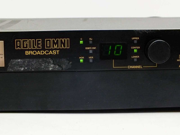 Standard MT830 front panel right section – Agile Omni Broadcast label, channel LED display showing 10, C/Ku indicators, HOR/VER LEDs, and channel knob
