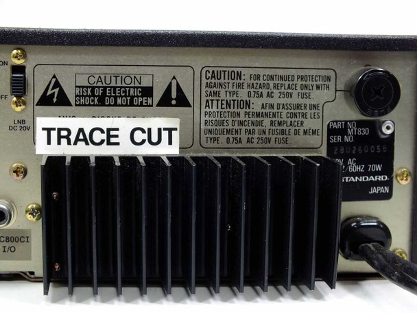 Standard MT830 rear panel label – TRACE CUT sticker, caution fuse label 0.75A 250V, Part No. MT830, 120V AC 60Hz 70W, Made in Japan