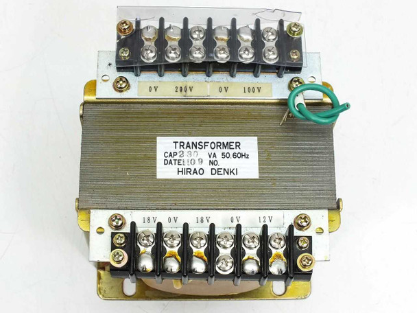 Hirao Denki 230VA single-phase transformer – top view showing primary terminal block labeled 0V/200V/0V/100V and secondary block labeled 18V/0V/18V/0V/12V