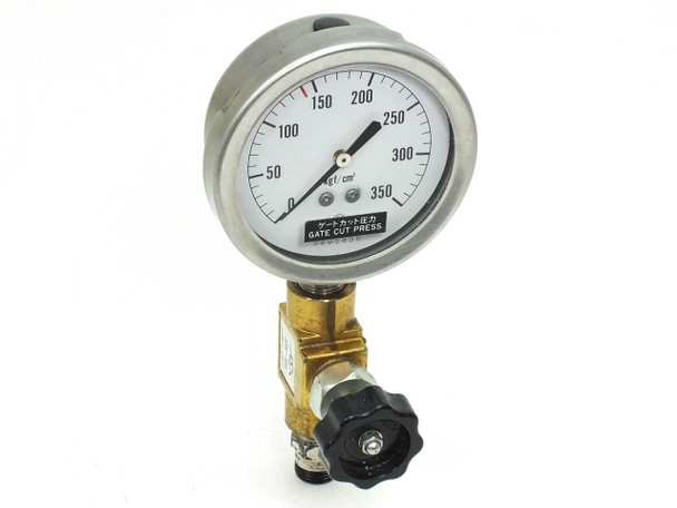 NKS Gate Cut Press pressure gauge 0-350 kgf/cm2 with ASK SAN-400 brass regulator valve – three-quarter front view showing full assembly