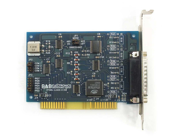 B&B Electronics 422ICC RS-422/485 ISA serial card — component side showing jumper blocks JP1 (mode/handshake), JP2, JP3, B&B Electronics label, and ISA edge connector