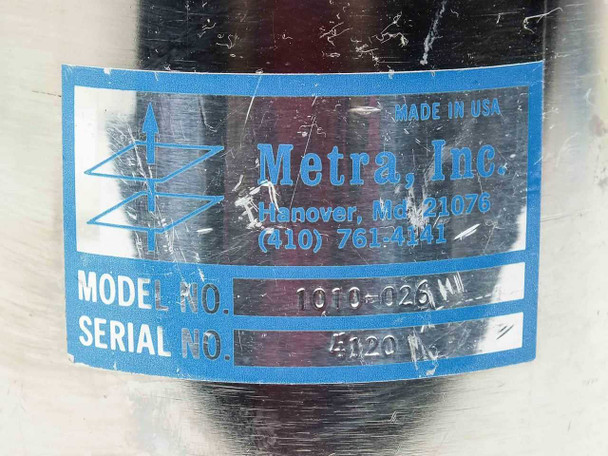 Metra Inc 1010-026 vacuum filter label close-up showing model number, serial number, and Made in USA marking