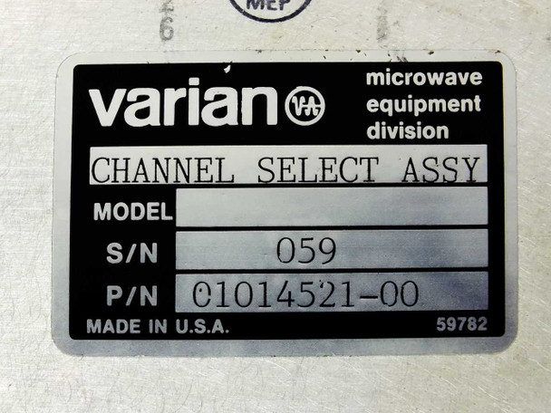 Varian Channel Select Assembly label – model VJW1455B1, P/N 01014521-00, S/N 059, Made in USA, Microwave Equipment Division