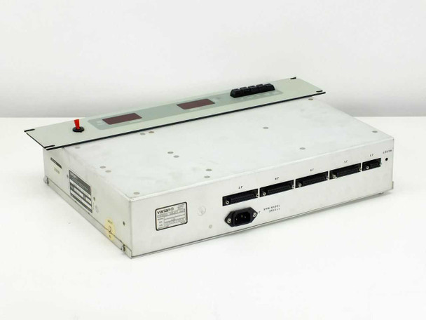 Varian VJW1454C Channel Selector Sub-System – rear-left angled view showing IEC power inlet, D-sub connector, and multiple rear I/O connectors with side label
