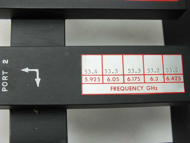 Varian VUJ-8527-01 – Port 2 calibration label showing insertion loss values of 53.4, 53.3, 53.3, 53.2, 53.2 dB at frequencies 5.925, 6.05, 6.175, 6.3, 6.425 GHz