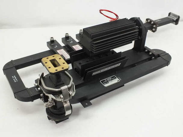 Varian VUJ-8527-01 C-Band Waveguide Load Metering Assembly – full assembly overview, angled right side view showing heatsink load, brass waveguide flange, and circular waveguide port with clamp