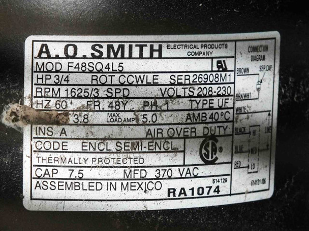 A.O. Smith F48SQ4L5 fan motor nameplate showing 3/4 HP 1625 RPM 208-230V 60Hz specifications
