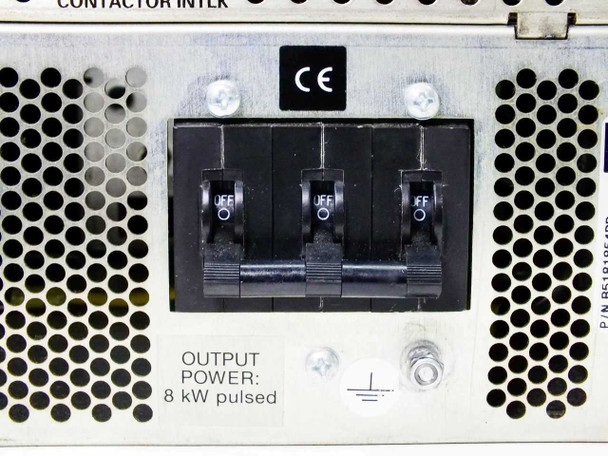 Advanced Energy MDX Pinnacle rear panel showing CE mark, three-pole output contactor/circuit breaker switches (OFF position), and OUTPUT POWER 8 kW pulsed label