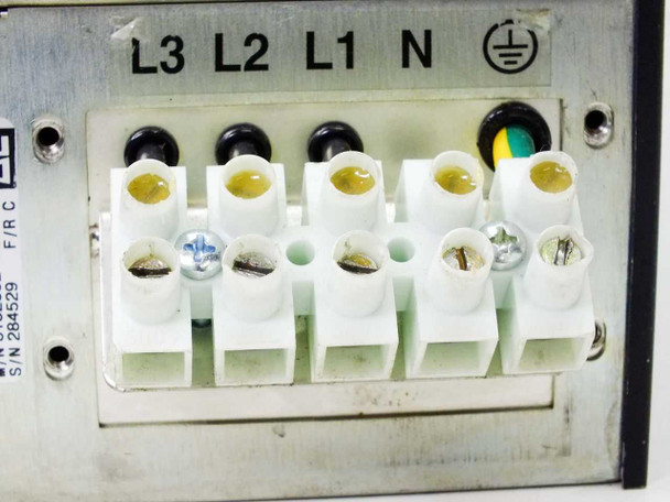 Advanced Energy MDX Pinnacle power input terminal block showing L3, L2, L1, N, and ground connections with serial number label S/N 284529