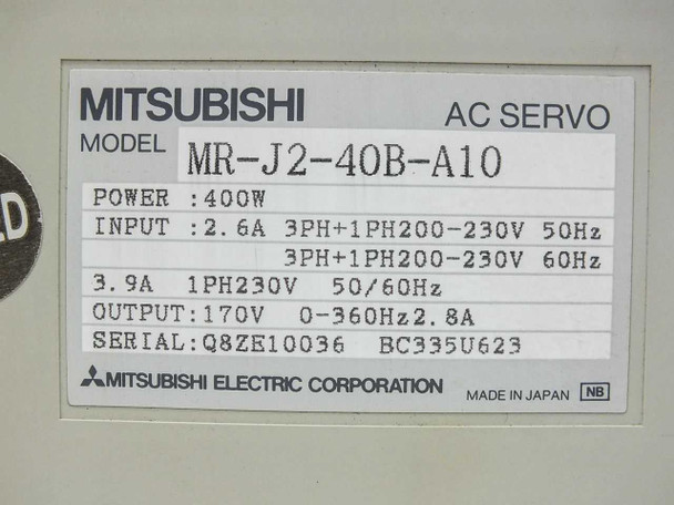 Mitsubishi MR-J2-40B-A10 rating plate closeup: 400W, 200-230V 3PH/1PH input, 170V 2.8A output, made in Japan