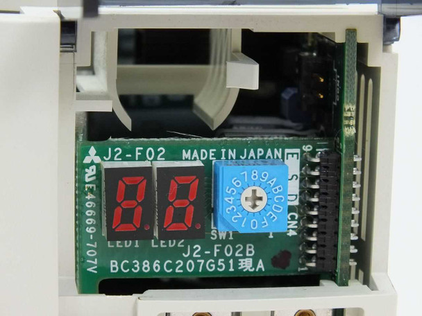 Mitsubishi MR-J2-40B-A10 — internal front board J2-F02B showing dual 7-segment LED display and rotary switch SW1