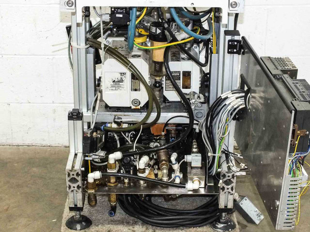 Balzers BPS Swivel 98 1.5 Metalizer – side panel open showing gas plumbing manifold, solenoid valves, pneumatic fittings, and wiring