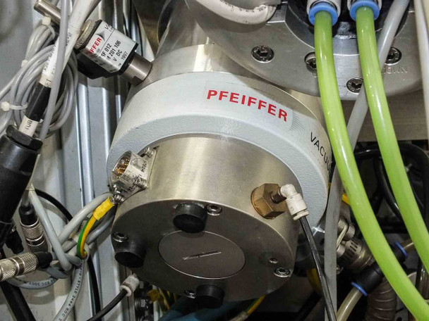 Pfeiffer Vacuum TMH 260 turbomolecular pump – close-up showing Pfeiffer Vacuum label on pump body with green tubing connections and sensor wiring