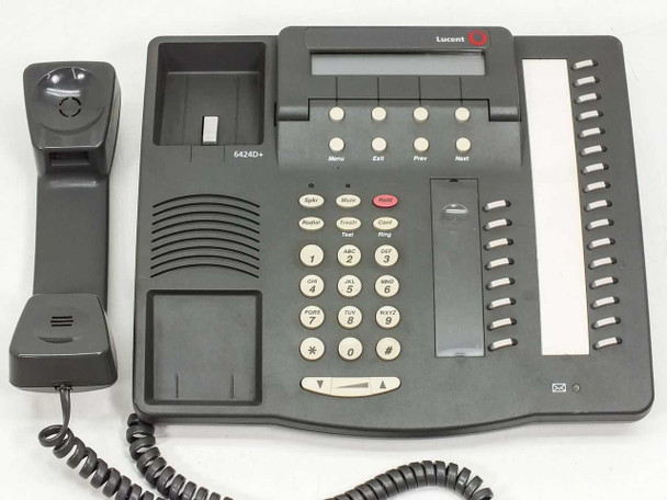 Lucent 6424D+ desk phone front angled view showing full keypad, LCD display, programmable button panel, and coiled handset cord