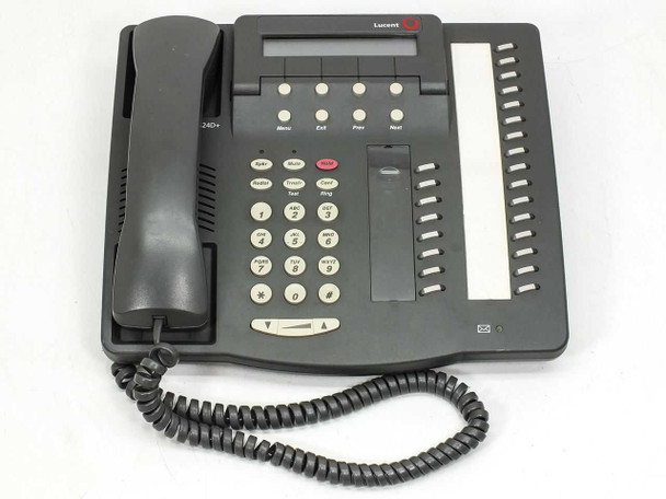 Lucent 6424D+ business desk telephone front view showing handset, LCD display, keypad, and 24 programmable buttons — charcoal gray